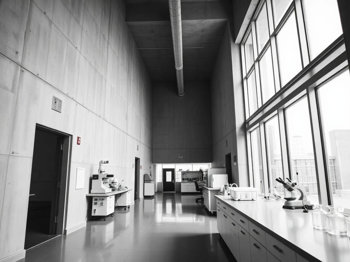 Institutional research facility corridor with laboratory benches and scientific instruments